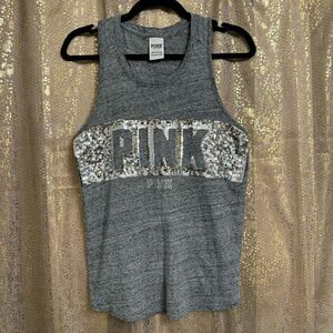 PINK Victorias Secret Gray Silver Sequin Bling Open Back Tank Top Small